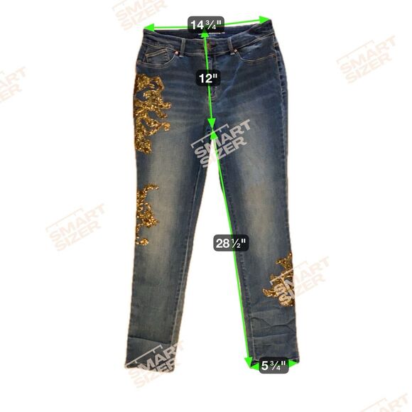 Chicos Platinum Jegging 0.5 Size 6 Gold Leaf Sequin Embellished Stretch Denim - Picture 7 of 12